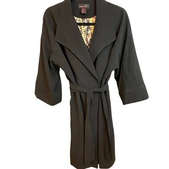 Shape FX Black Belted Long Trench Coat Satin Animal Print Lining Sz 12 - Picture 1 of 7